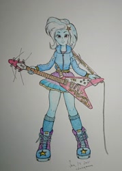Size: 1463x2048 | Tagged: safe, artist:daisymane, imported from derpibooru, trixie, equestria girls, clothes, electric guitar, guitar, looking at you, musical instrument, shoes, smiling, solo, traditional art