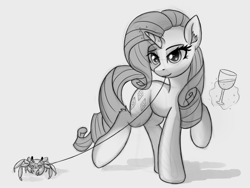 Size: 1401x1055 | Tagged: safe, artist:atlas-66, imported from derpibooru, rarity, crab, pony, unicorn, glass, leash, looking at you, magic, monochrome, mouth hold, sketch, telekinesis, wine glass