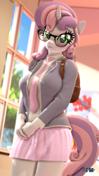 Size: 1080x1920 | Tagged: safe, artist:anthroponiessfm, imported from derpibooru, sweetie belle, anthro, human, pony, unicorn, 3d, adorasexy, adorkable, adorkasexy, backpack, blushing, breasts, busty sweetie belle, clothes, cute, daaaaaaaaaaaw, diasweetes, dork, female, glasses, meganekko, older, older sweetie belle, school, school uniform, schoolgirl, sexy, sfm pony, skirt, source filmmaker