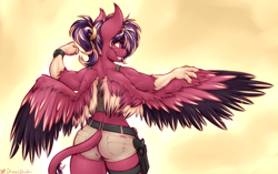 Size: 3338x2094 | Tagged: safe, artist:drizziedoodles, imported from derpibooru, oc, oc only, oc:oxide, anthro, original species, ass, belt, butt, claws, clothes, female, flexing, grin, gun, handgun, holster, leonine tail, muscles, muscular female, ponytail, revolver, shorts, smiling, solo, talons, tanktop, watch, weapon, wings
