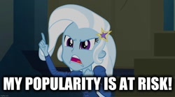 Size: 1280x714 | Tagged: safe, imported from derpibooru, trixie, equestria girls, rainbow rocks, caption, image macro, meme, text, trixie yells at everything