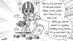 Size: 1200x675 | Tagged: safe, artist:pony-berserker, artist:ponyberserker, imported from derpibooru, scootaloo, pegasus, pony, dave rogers, deja vu, drift, drifting, halftone, helmet, lyrics, monochrome, music notes, pony-berserker's twitter sketches, scooter, singing, solo, song, song reference, stippling, text