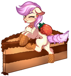 Size: 3715x3984 | Tagged: safe, artist:vetta, imported from derpibooru, oc, oc only, oc:vanillaberry swirl, earth pony, food pony, original species, pony, :p, bowtie, commission, ear piercing, earring, female, food, jewelry, mare, one eye closed, pie, piercing, ponified, simple background, solo, tongue out, wink, ych result