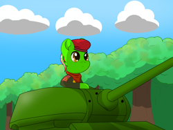 Size: 1024x768 | Tagged: safe, artist:renoinstant's, imported from derpibooru, oc, oc:ytsegreen, earth pony, pony, beret, hat, soviet tanker, soviet union, t-44, world war ii