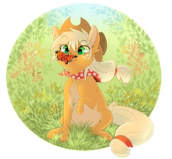 Size: 1280x1183 | Tagged: safe, artist:k_i_d_a_original, artist:kidaoriginal, imported from derpibooru, applejack, butterfly, earth pony, pony, applejack's hat, cowboy hat, cute, eye clipping through hair, female, filly, filly applejack, freckles, grass, hat, insect on nose, jackabetes, neckerchief, signature, sitting, solo, younger