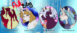 Size: 2800x1210 | Tagged: safe, artist:theblackcatstale, imported from derpibooru, oc, oc:ashen snow, oc:charred spinel, oc:satin monarch, oc:trembling spirit, hengstwolf, unicorn, were-pony, werewolf, ask, colorful, finished, horn, tumblr, unicorn oc