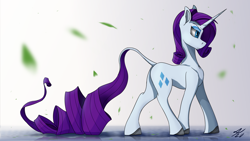 Size: 3840x2160 | Tagged: safe, artist:tenebrisnoctus, imported from derpibooru, rarity, pony, unicorn, female, leonine tail, long tail, mare, petals, profile, puddle, reflection, solo
