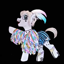 Size: 1996x2000 | Tagged: safe, artist:smol_andriusha, imported from derpibooru, earth pony, pony, clothes, dress, ear piercing, earring, harley quinn, heart, jewelry, piercing, ponified, shoes, smiling, solo