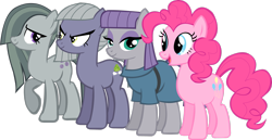 Size: 3411x1758 | Tagged: safe, artist:thebosscamacho, imported from derpibooru, limestone pie, marble pie, maud pie, pinkie pie, earth pony, pony, female, looking at each other, mare, pie sisters, siblings, simple background, sisters, smiling, transparent background, vector, when she smiles