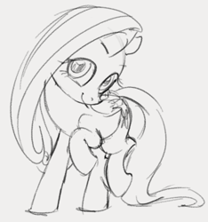 Size: 720x768 | Tagged: safe, artist:dotkwa, fluttershy, pegasus, pony, black and white, female, grayscale, looking at you, mare, monochrome, raised hoof, sketch, smiling, solo, wings
