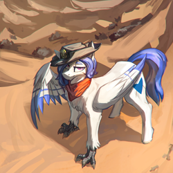 Size: 2000x2000 | Tagged: safe, artist:nsilverdraws, imported from ponybooru, oc, oc only, oc:delta dart, hippogriff, badge, bandana, cowboy hat, desert, hat, hat tip, male, no source available, ranger, smiling, smirk, solo, talons, wings