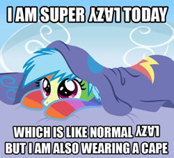 Size: 600x544 | Tagged: safe, rainbow dash, pegasus, pony, bed, blanket, caption, cloud, female, filly, image macro, impact font, laying on bed, laying on stomach, lazy, on bed, reverse colors, solo, text, younger