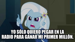 Size: 896x500 | Tagged: safe, edit, edited screencap, imported from derpibooru, screencap, trixie, equestria girls, rainbow rocks, caption, female, image macro, meme, solo, spanish, text, trixie yells at everything