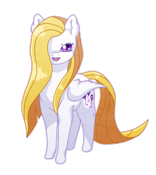 Size: 751x844 | Tagged: safe, artist:weißchen, surprise, pegasus, pony, alternate hairstyle, blonde hair, colored, colored pupils, digital art, eyelashes, female, full body, g1, g1 to g4, generation leap, long hair, looking at you, mare, one eye open, open mouth, paint tool sai, shading, simple background, smiling, smiling at you, solo, standing, straight hair, surprisamena, transparent background, white coat