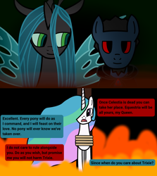 Size: 1920x2154 | Tagged: safe, artist:manerg, imported from ponybooru, princess celestia, queen chrysalis, oc, oc:manerg, earth pony, pony, burning at the stake, female, fire, male, murder, ponybooru exclusive, stallion