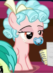 Size: 376x514 | Tagged: safe, edit, edited screencap, imported from derpibooru, screencap, cozy glow, sandbar, pegasus, pony, what lies beneath, bow, cropped, female, filly, foal, hair bow, lidded eyes, pacifier, pure concentrated unfiltered evil of the utmost potency, pure unfiltered evil, ringlets, solo, solo focus, wat