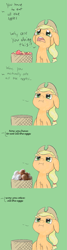 Size: 715x2665 | Tagged: safe, artist:happy harvey, edit, imported from derpibooru, applejack, earth pony, pony, :i, angry, apple, applejack's hat, basket, chest fluff, cowboy hat, crying, cute, dialogue, egg, floppy ears, food, fuck you i can eat all these apples, glare, green background, hat, jackabetes, looking up, madorable, meme, offscreen character, open mouth, out of character, raised eyebrow, simple background, solo, you have to eat all the eggs