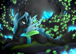 Size: 4960x3507 | Tagged: safe, artist:tokokami, imported from derpibooru, queen chrysalis, changeling, changeling queen, changeling egg, changeling hive, crown, crystal, fangs, female, high res, jewelry, lying down, profile, prone, regalia, solo, transparent wings, wings