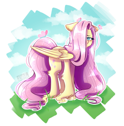 Size: 1063x1080 | Tagged: safe, artist:lisagamer456, imported from derpibooru, fluttershy, butterfly, pegasus, pony, blushing, cute, female, floppy ears, hair over one eye, leg fluff, long mane, looking at you, mare, shyabetes, solo, unshorn fetlocks