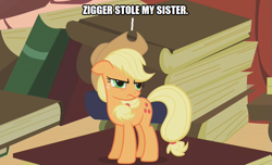 Size: 807x491 | Tagged: safe, edit, edited screencap, imported from derpibooru, screencap, applejack, earth pony, pony, bridle gossip, appletini, book, caption, cowboy hat, hat, image macro, micro, mike tyson's punchout, nigga stole my bike, op is a duck, punch out, racial slur, racism, slur, solo, text, zigger, ziggers