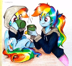 Size: 2594x2392 | Tagged: safe, artist:liaaqila, imported from derpibooru, rainbow dash, human, pegasus, pony, equestria girls, clothes, cup, cute, dashabetes, dripping, duo, duo female, eye clipping through hair, female, food, hoodie, human ponidox, matching outfits, mug, ponytail, self ponidox, sitting, smiling, tea, traditional art, underhoof