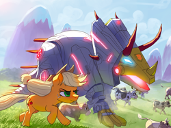 Size: 2000x1499 | Tagged: safe, artist:grissaecrim, artist:raikoh, imported from derpibooru, imported from ponybooru, applejack, cow, earth pony, pony, robot, cowboy hat, crossover, dinobot, fall of cybertron, freckles, hat, herding, slag (dinobot), stetson, transformers