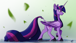 Size: 3840x2160 | Tagged: safe, artist:tenebrisnoctus, imported from derpibooru, twilight sparkle, alicorn, pony, butt, female, leonine tail, long tail, mare, petals, plot, profile, puddle, reflection, signature, solo, twilight sparkle (alicorn), unshorn fetlocks