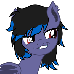 Size: 2163x2163 | Tagged: safe, artist:ragedox, imported from derpibooru, oc, oc:rouse black, bat pony, pony, bat pony oc, bat wings, black hair, doom equestria, fangs, red eyes, simple background, smiling, smirk, transparent background, vector, wings