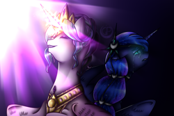 Size: 1500x1000 | Tagged: safe, artist:mazeness, imported from derpibooru, princess celestia, princess luna, alicorn, alternate hairstyle, crown, crying, eyes closed, female, glowing horn, horn, jewelry, open mouth, regalia, royal sisters, siblings, sisters