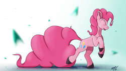 Size: 3840x2160 | Tagged: safe, artist:tenebrisnoctus, imported from derpibooru, pinkie pie, earth pony, pony, eyes closed, female, happy, long tail, mare, petals, profile, puddle, reflection, signature, solo, unshorn fetlocks