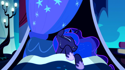 Size: 1920x1080 | Tagged: safe, imported from derpibooru, screencap, princess luna, alicorn, pony, do princesses dream of magic sheep, season 5, spoiler:s05, alicorn princess, bed, bedroom, crown, cutie mark, fandom, female, females only, jewelry, night, nightmares, princess, regalia, sleeping, spanish description, sweat, wikia, wings