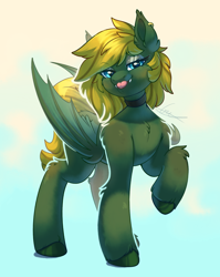 Size: 2096x2633 | Tagged: safe, artist:peachmayflower, imported from derpibooru, oc, oc:midnight lightning, bat pony, pony, :p, bat pony oc, bat wings, blepping, blue eyes, choker, commission, ear piercing, earring, eyeshadow, fangs, female, jewelry, lidded eyes, looking at you, makeup, mare, piercing, smiling, standing, tongue out, wings