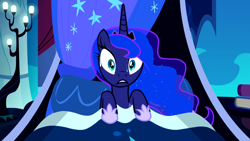 Size: 1920x1080 | Tagged: safe, imported from derpibooru, screencap, princess luna, alicorn, pony, do princesses dream of magic sheep, spoiler:s05, alicorn princess, bed, bedroom, crown, cutie mark, fandom, female, females only, jewelry, night, nightmares, regalia, scared, scared face, scared princess lana, solo, spanish description, sweat, wide eyes, wikia, wings