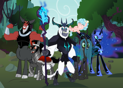 Size: 2102x1507 | Tagged: safe, artist:amigogogo, imported from derpibooru, cozy glow, king sombra, lord tirek, nightmare moon, queen chrysalis, storm king, alicorn, centaur, changeling, pegasus, pony, satyr, unicorn, my little pony: the movie, antagonist, armor, bow, bracer, cape, clothes, cloven hooves, colored horn, curved horn, female, filly, hair bow, horn, male, mare, nose piercing, nose ring, piercing, septum piercing, staff, staff of sacanas, stallion, villian