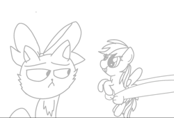 Size: 810x548 | Tagged: safe, artist:crossovercartoons, imported from derpibooru, mitsy, rainbow dash, cat, pegasus, pony, may the best pet win, bow, cute, daaaaaaaaaaaw, dashabetes, digital art, digital drawing, drawing, frown, holding, looking right, monochrome, puddy tat, role reversal, simple background, sketch, solo, tongue out, white background