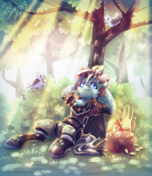 Size: 1280x1481 | Tagged: safe, artist:alexbluebird, imported from derpibooru, oc, oc only, oc:tireless tracker, bird, earth pony, adventurer, bush, clothes, coin, forest, gold, idol of boreas, male, relaxing, satchel, solo, straw in mouth, sunlight, tree