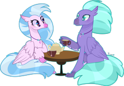 Size: 4973x3490 | Tagged: safe, artist:kurosawakuro, imported from derpibooru, seaspray, silverstream, classical hippogriff, hippogriff, pony, absurd resolution, base used, jewelry, necklace, older, older silverstream, simple background, table, teapot, transparent background