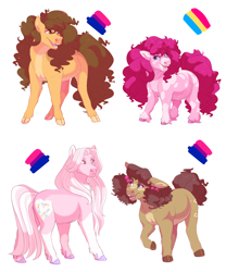 Size: 3000x3600 | Tagged: safe, artist:uunicornicc, imported from derpibooru, cheese sandwich, pinkie pie, oc, oc:cookie crumble, oc:love heart, earth pony, pony, bisexual, bisexual pride flag, explanation in the description, headcanon, offspring, pansexual, pansexual pride flag, parent:cheese sandwich, parent:pinkie pie, parents:cheesepie, pride, pride flag, sexuality headcanon, simple background, white background