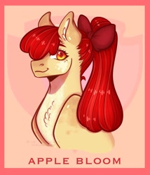 Size: 1750x2048 | Tagged: safe, artist:rubimlp6, imported from derpibooru, apple bloom, earth pony, pony, bust, chest fluff, ear fluff, looking sideways, older, older apple bloom, pale belly, portrait, ribbon, simple background, solo