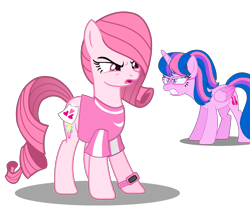 Size: 1569x1310 | Tagged: safe, artist:muhammad yunus, artist:tanahgrogot, edit, imported from derpibooru, oc, oc only, oc:annisa trihapsari, oc:hsu amity, alicorn, earth pony, pony, base used, clothes, cross-popping veins, duo, female, glasses, gritted teeth, heart, mare, medibang paint, open mouth, simple background, solo, swap, teeth, transparent background, upset, wat, watch