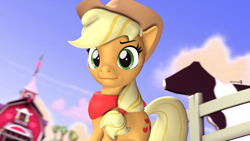 Size: 1920x1080 | Tagged: safe, artist:spinostud, imported from derpibooru, applejack, earth pony, pony, 3d, farm, hat, looking at you, solo, source filmmaker, sweet apple acres