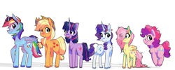 Size: 3000x1200 | Tagged: safe, artist:provolonepone, imported from derpibooru, applejack, fluttershy, pinkie pie, rainbow dash, rarity, twilight sparkle, classical unicorn, earth pony, pegasus, pony, unicorn, applejack's hat, chest fluff, cloven hooves, cowboy hat, eye clipping through hair, female, hat, headband, leaves, leonine tail, line-up, mane six, mare, pencil, pencil behind ear, simple background, size comparison, stetson, sunglasses, unicorn twilight, unshorn fetlocks