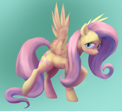 Size: 1314x1200 | Tagged: safe, artist:blaubene, imported from derpibooru, fluttershy, pegasus, pony, female, gradient background, looking at you, mare, raised hoof, raised leg, smiling, solo, spread wings, standing, three quarter view, wings