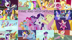Size: 1972x1110 | Tagged: safe, edit, edited screencap, editor:quoterific, imported from derpibooru, screencap, applejack, berry punch, berryshine, bigger jim, caramel, cherry berry, cotton cloudy, diamond cutter, dizzy twister, fluttershy, mango dash, meadow song, noi, orange swirl, pinkie feather, pinkie pie, plunkett, rainbow dash, rainbowshine, rainy feather, rarity, rosy gold, ruby pinch, sassaflash, starlight glimmer, sunshower raindrops, sweet pop, tornado bolt, twilight sparkle, fame and misfortune, anti-rarity sign, dramamel, mane six, why i'm creating a gown darling