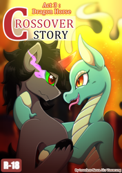 Size: 800x1131 | Tagged: safe, artist:vavacung, imported from derpibooru, king sombra, tianhuo, dragon, hybrid, longma, pony, unicorn, comic:crossover story, comic:crossover story 3, them's fightin' herds, comic cover, community related, crossover, female, male, stallion, tianhuo (tfh)