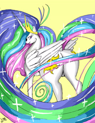 Size: 2975x3850 | Tagged: safe, artist:snake-em, imported from derpibooru, princess celestia, pony, friendship is magic, butt, looking back, plot, simple background, sparkles, sunbutt, yellow background