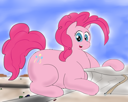 Size: 6000x4800 | Tagged: safe, artist:feyzer, imported from derpibooru, pinkie pie, earth pony, pony, absurd resolution, car, fat, female, giant pinkie pie, giant pony, happy, huge, macro, mare, people, pudgy pie, road