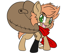 Size: 2048x1536 | Tagged: safe, artist:larrykitty, artist:php156, imported from derpibooru, oc, oc only, oc:himmel, earth pony, pony, backpack, bandaged leg, clothes, colt, earth pony oc, looking at you, male, open mouth, scarf, simple background, solo, white background