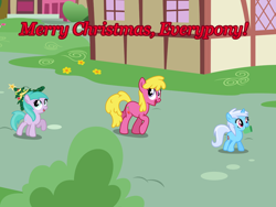 Size: 2048x1536 | Tagged: safe, artist:violetclm, imported from derpibooru, aura (character), bloo, cherry berry, earth pony, pony, unicorn, atg 2020, aura (g4), christmas, christmas lights, christmas party, christmas tree, cutie mark, female, filly, hat, holiday, it's a pony kind of christmas, linkelina, marching, mare, merry christmas, mouth hold, mug, newbie artist training grounds, op is a slowpoke, ornaments, party, ponyville, slowpoke, text, tree, trotting, walking