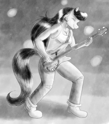 Size: 2000x2267 | Tagged: safe, artist:sixes&sevens, imported from derpibooru, octavia melody, anthro, clothes, eyes closed, female, guitar, jeans, monochrome, musical instrument, pants, ripped jeans, ripped pants, rock (music), rocktavia, solo, solo female, tanktop, torn clothes